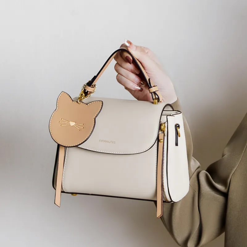 15 MINS Cow Leather Small Cat Pendant Square Bag Crossbody Bag Shoulder Bag Handbag Small Size Women's Ecru-4