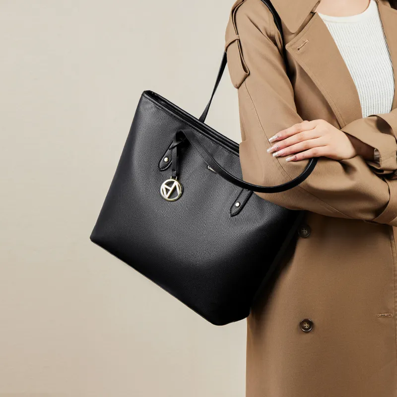 15 MINS Synthetic Leather Tote Bag, Shopping Bag, Handbag, Shoulder Bag Women's Midnight Black-1
