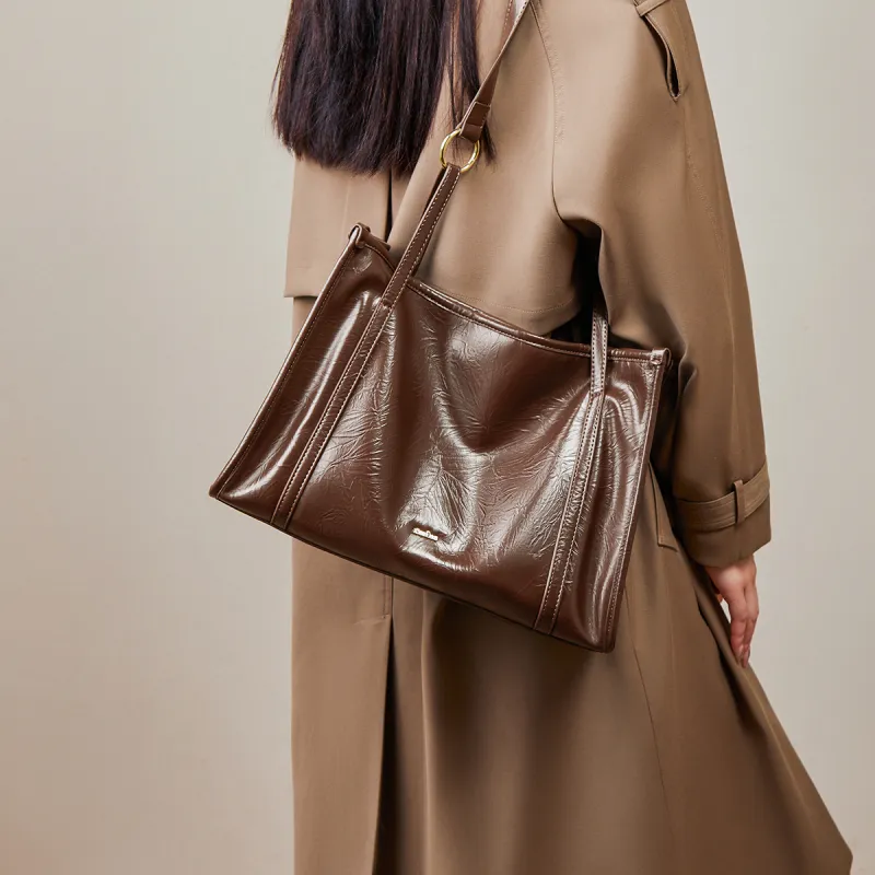 15 MINS Synthetic Leather Tote Bag Shoulder Bag Women's Coffee/Ecru-1