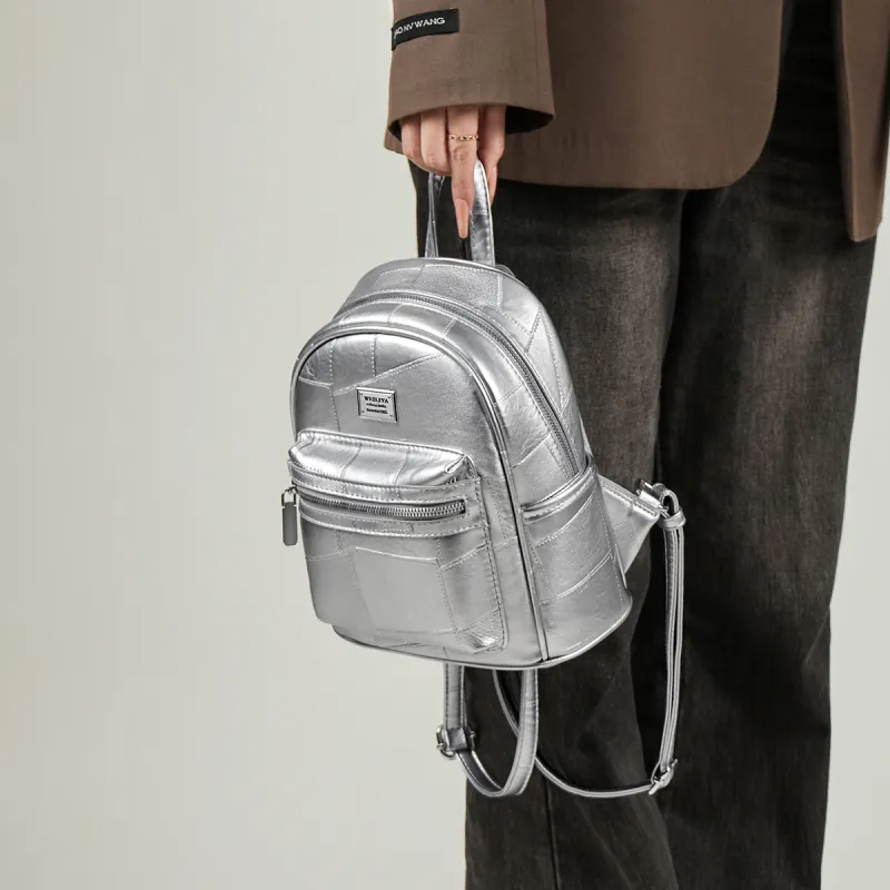 15 MINS Synthetic Leather Laptop Bag Backpack Medium Size Women's Silver/Brown/Black-3