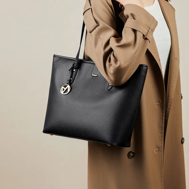 15 MINS Synthetic Leather Tote Bag, Shopping Bag, Handbag, Shoulder Bag Women's Midnight Black-2