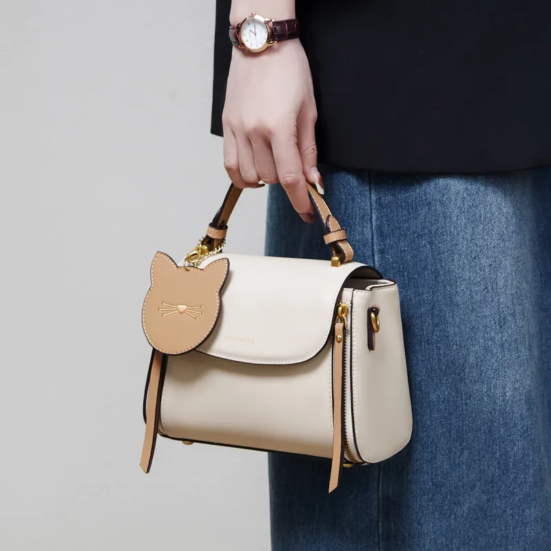 15 MINS Cow Leather Small Cat Pendant Square Bag Crossbody Bag Shoulder Bag Handbag Small Size Women's Ecru-2