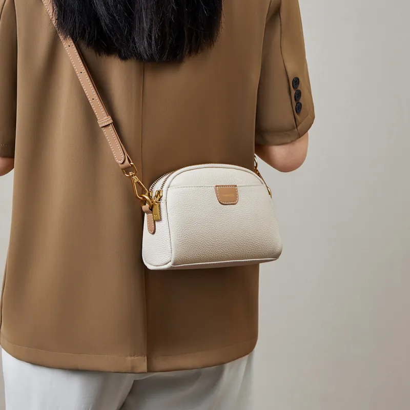 15 MINS Cow Leather Cell Phone Pouch Small Square Bag Crossbody Bag Shoulder Bag Regular Women's Ecru & Apricot-3