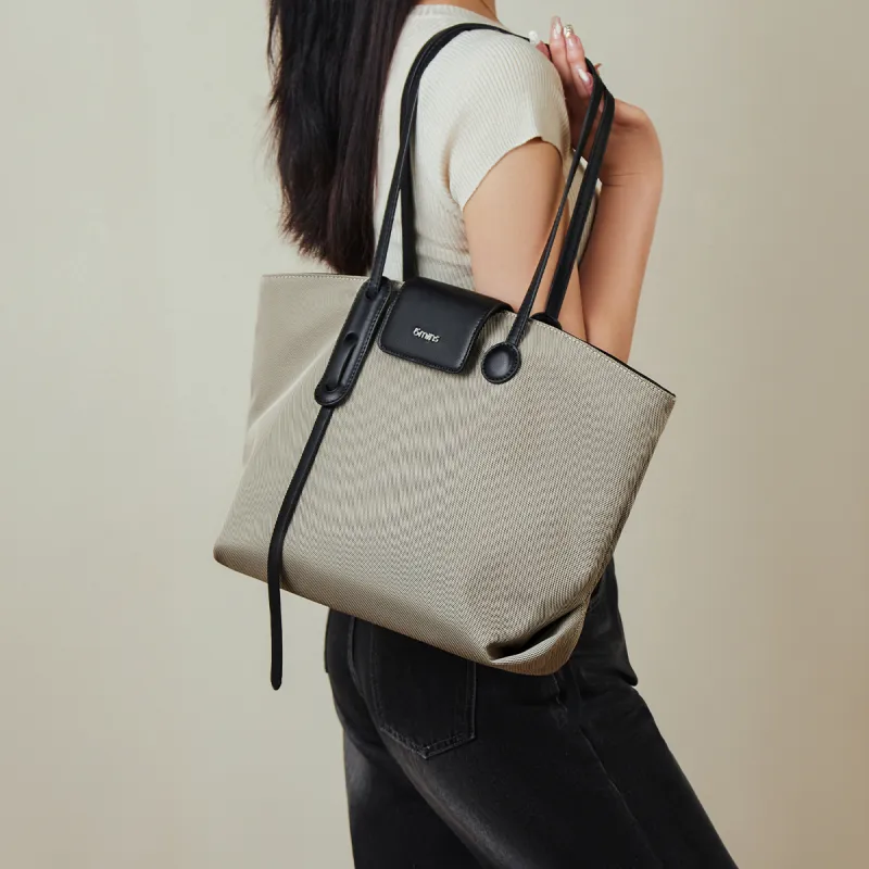 15 MINS Fabric With Synthetic Leather Shoulder Bags Handbags Large Size Women's Khaki/Black-4