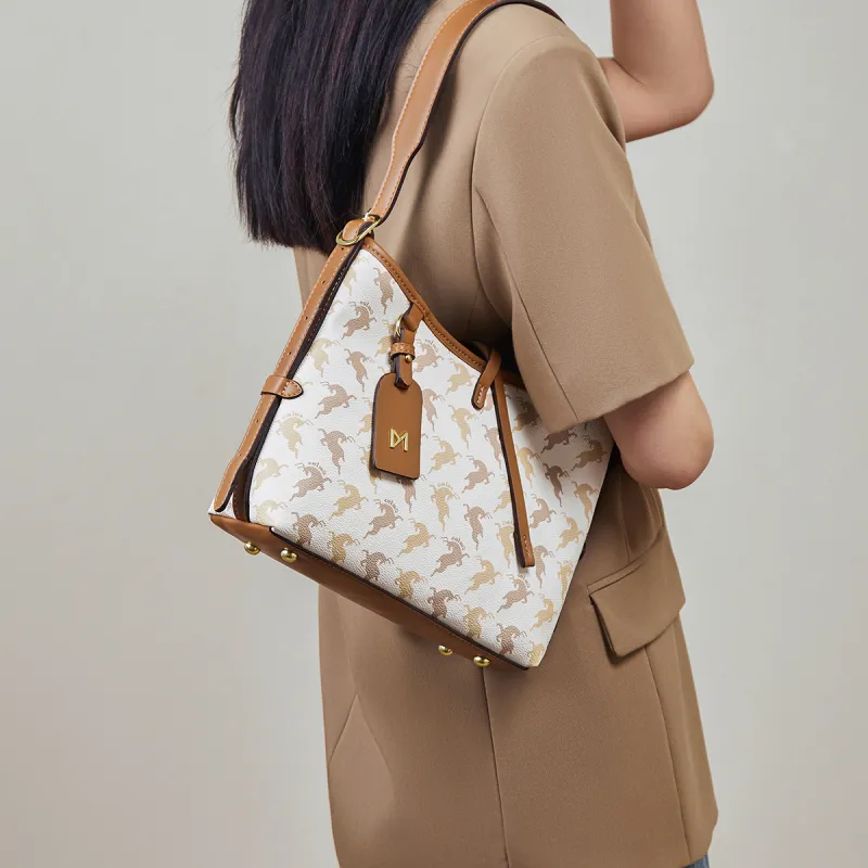 15 MINS Synthetic Leather Shoulder Bag Tote Bag Handbag Medium Size Women's Coffee/Ecru-7