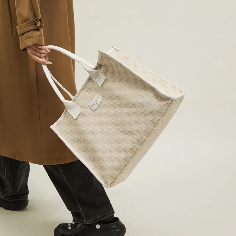 15 MINS Fabric Shoulder Bag Tote Bag Shopping Bag Large Size Women's Ecru/Khaki-1