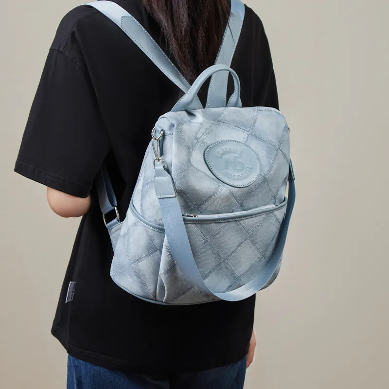 15 MINS Synthetic Leather Backpack Large Size Women's Dusty Pink/Denim Blue-5