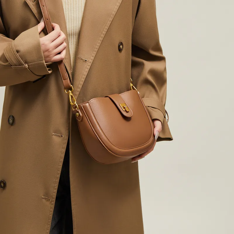 15 MINS Cow Leather Patchwork Synthetic Leather Saddle Bag Shoulder Bag Crossbody Bag Regular Women's Cocoa Brown-3
