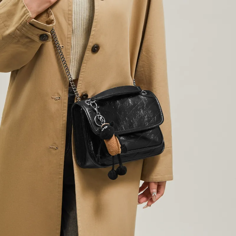 15 MINS Cow Leather Bonded Synthetic Leather Messenger Bag Shoulder Bag Regular Women's Midnight Black-2
