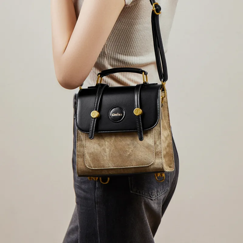 15 MINS Synthetic Leather Backpack Women's Khaki & Black/Beige White & Apricot-3
