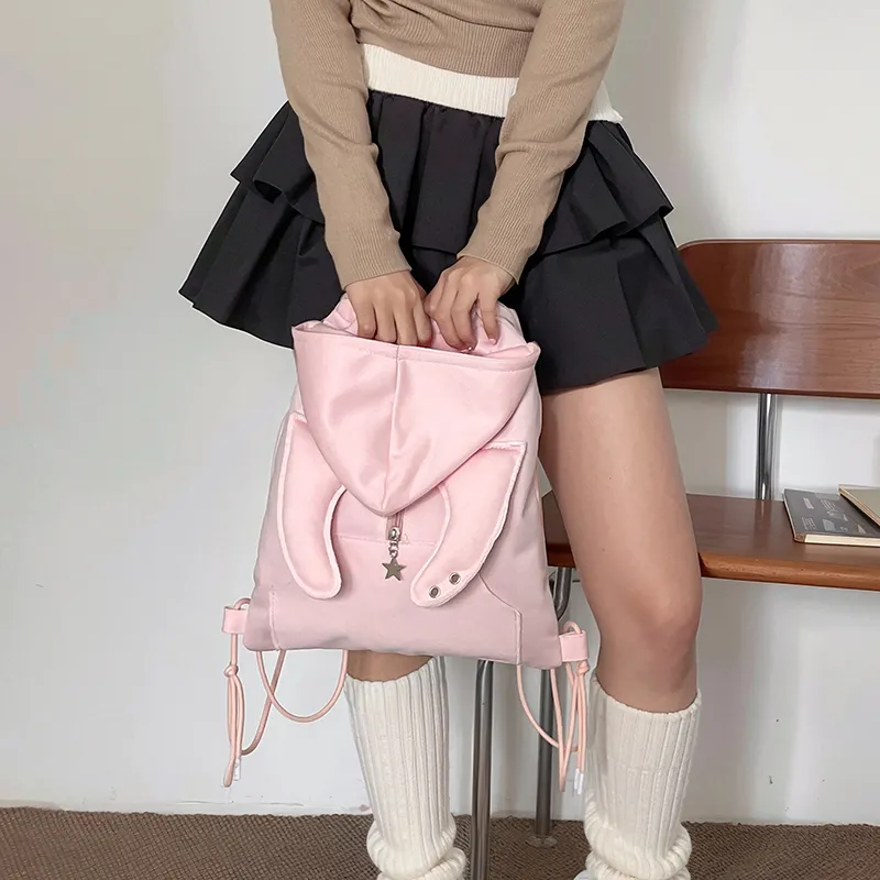 LOUIS ROYALN Cotton Linen Blend Backpack Medium Size Unisex Black/Gray/Pink-8