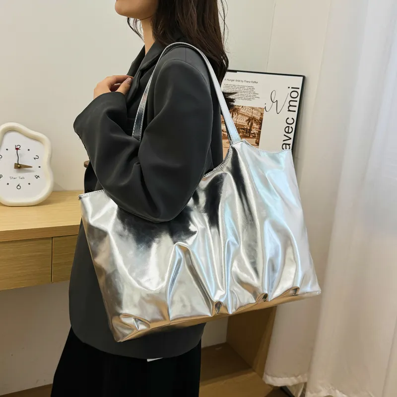 LOUIS ROYALN PU Tote Bag, Shoulder Bag Regular Unisex Silver/Black-2