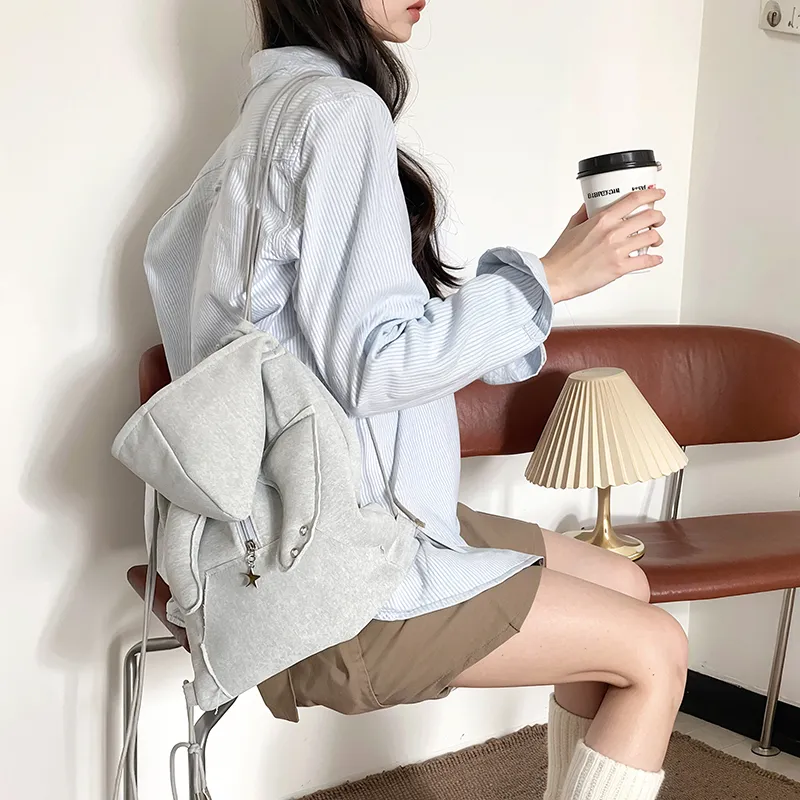 LOUIS ROYALN Cotton Linen Blend Backpack Medium Size Unisex Black/Gray/Pink-4