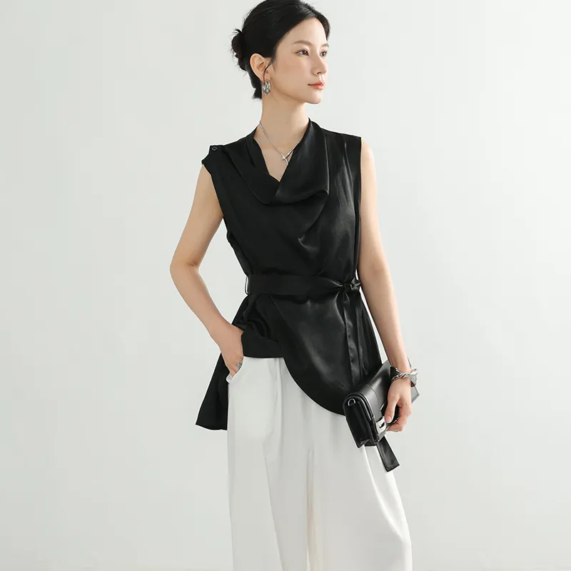 DianThia Sleeveless Draped Collar Shirt For Women's Women's-2