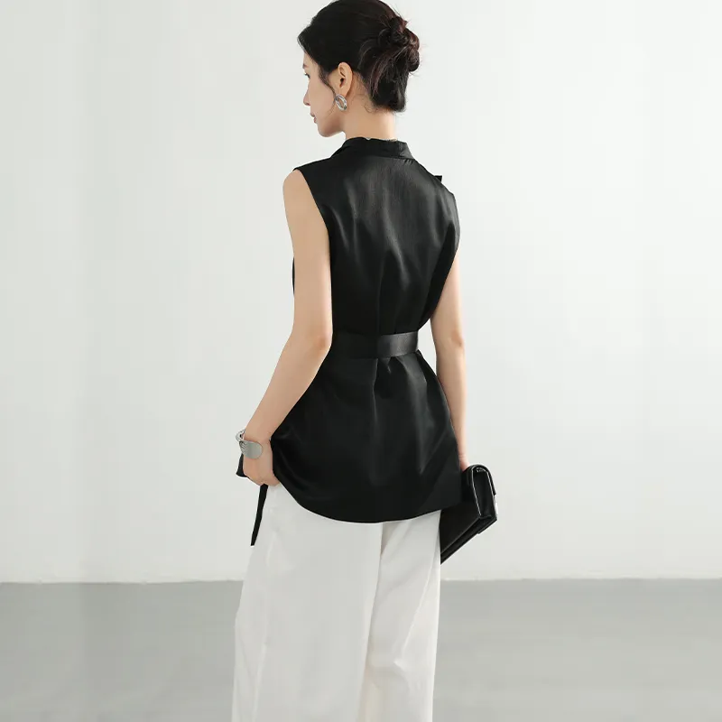 DianThia Sleeveless Draped Collar Shirt For Women's Women's-3