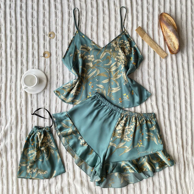 Flowers In Water Pajama Set Women's Green Cherry-5
