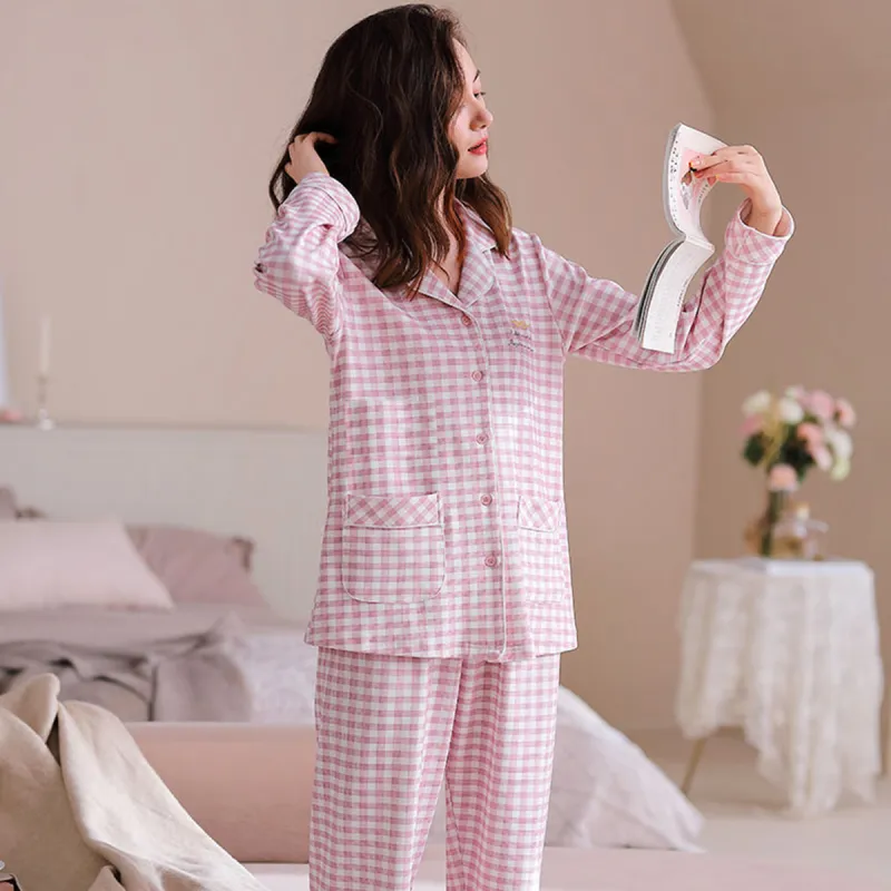 Flowers In Water Home Suit Women's Pink Plaid-1