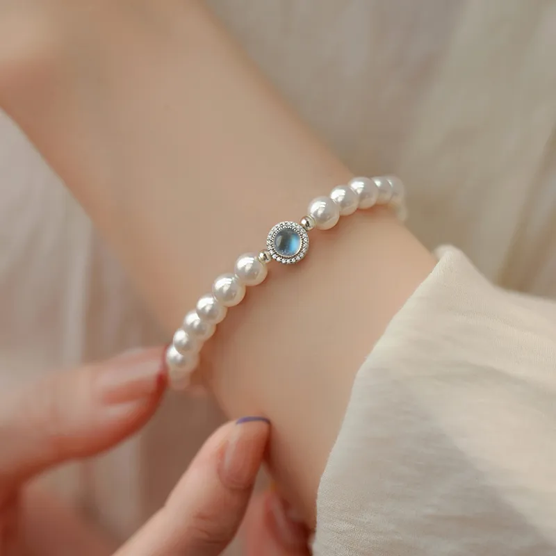 Trpopo S925 Silver Shell Pearl Beaded Bracelet With Elastic String Women's-4