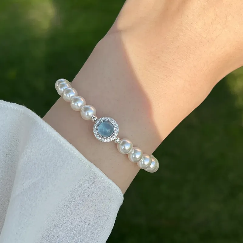 Trpopo S925 Silver Shell Pearl Beaded Bracelet With Elastic String Women's-1