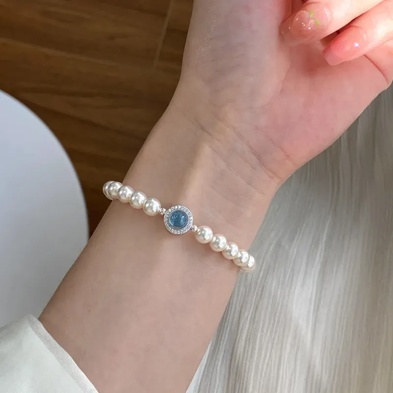 Trpopo S925 Silver Shell Pearl Beaded Bracelet With Elastic String Women's-3