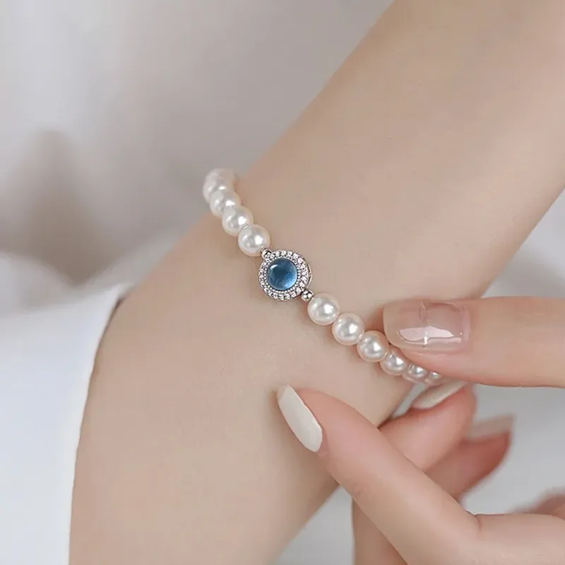 Trpopo S925 Silver Shell Pearl Beaded Bracelet With Elastic String Women's-6