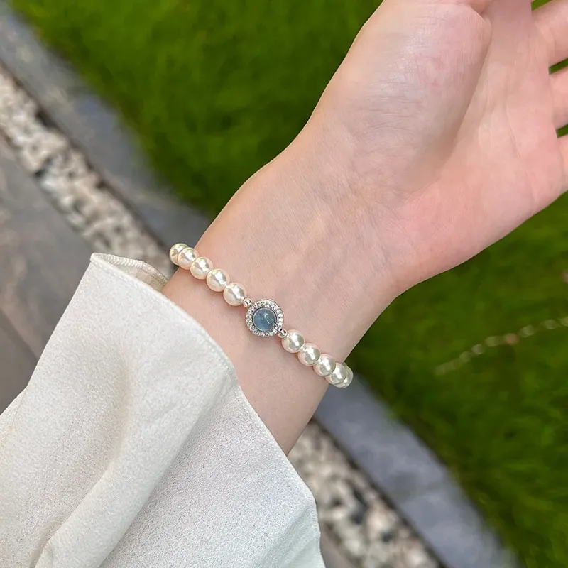Trpopo S925 Silver Shell Pearl Beaded Bracelet With Elastic String Women's-2