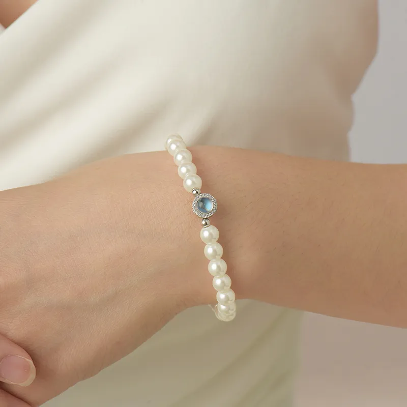 Trpopo S925 Silver Shell Pearl Beaded Bracelet With Elastic String Women's-5