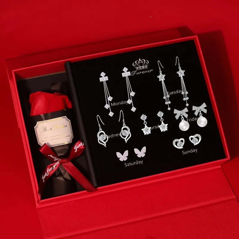 HANYUDIE 999 Fine Silver Ear Studs Earrings Women's Exquisite Box Love Confession-2