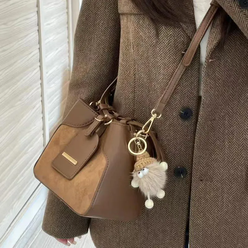 ADOONGA Synthetic Leather, Textile Mosaic Bucket Bag, Crossbody Bag Women's Brown-3