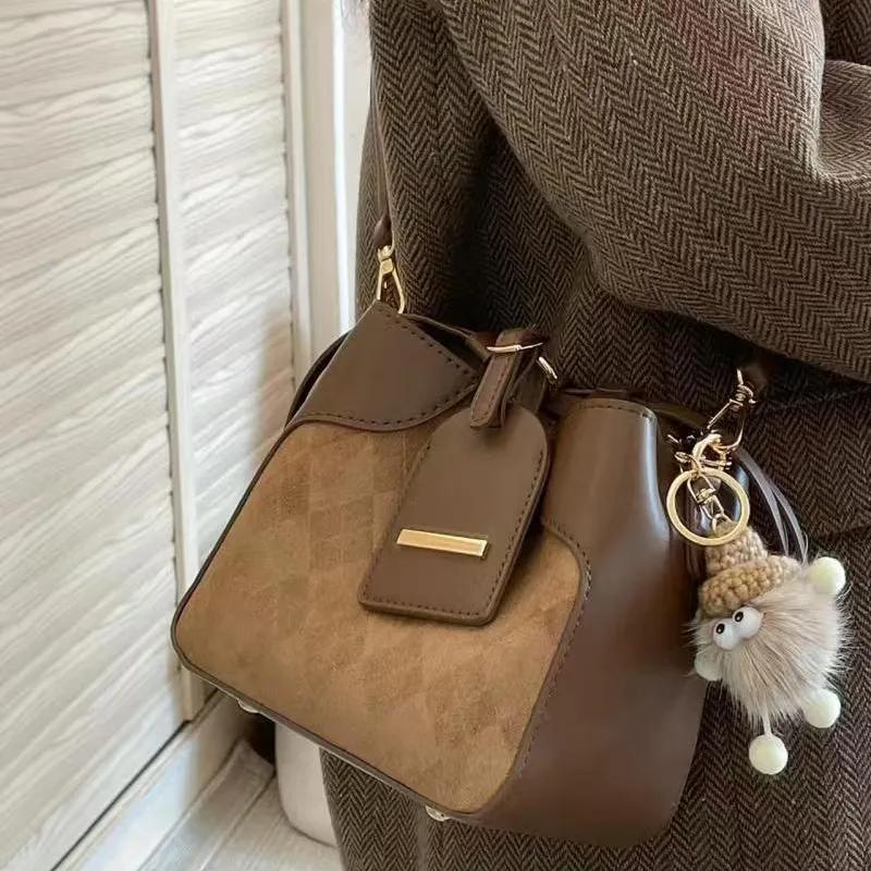 ADOONGA Synthetic Leather, Textile Mosaic Bucket Bag, Crossbody Bag Women's Brown-2