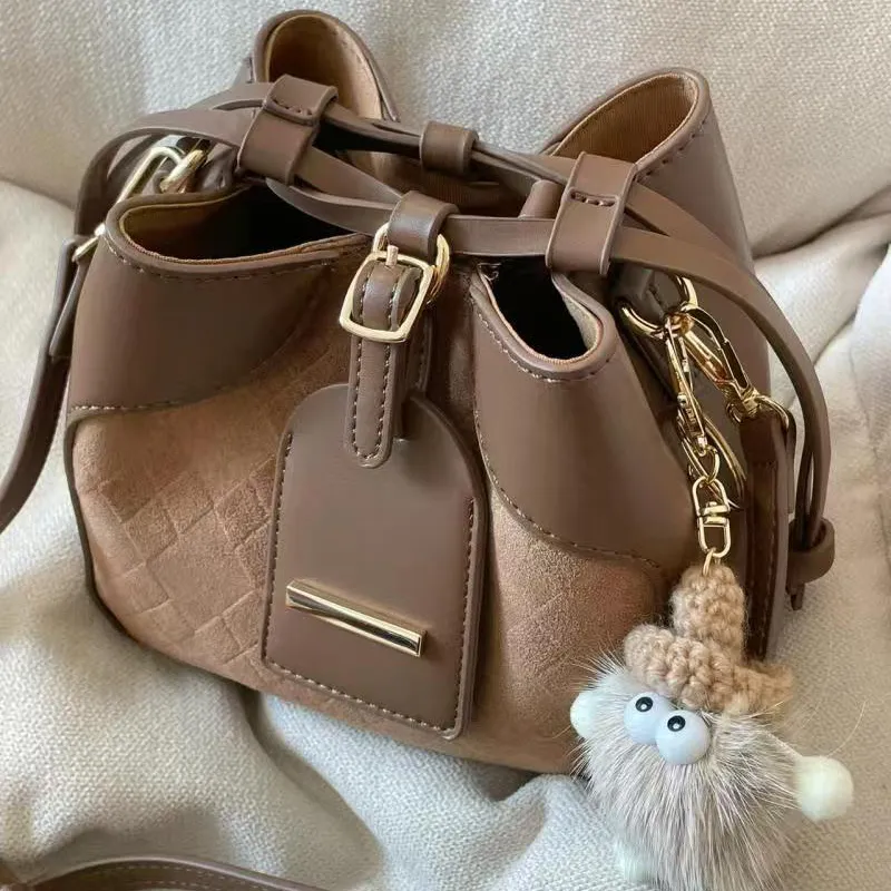 ADOONGA Synthetic Leather, Textile Mosaic Bucket Bag, Crossbody Bag Women's Brown-5