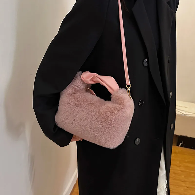 FAMAN Plush Shoulder Bag, Crossbody Bag, Handbag Regular Women's Pink/Black/Coffee/Khaki/Ecru-4