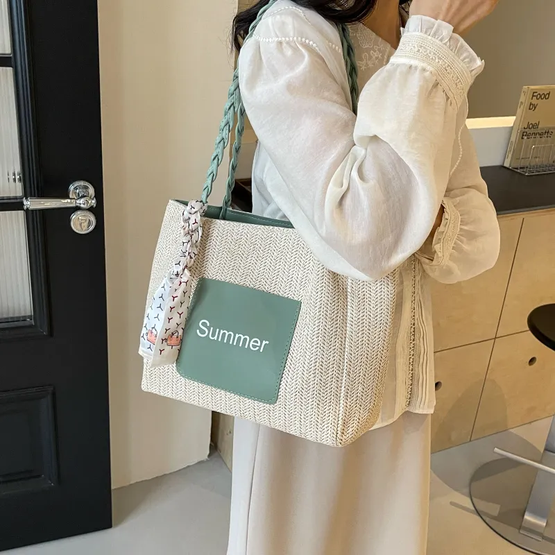 FAMAN Straw Woven Handbag, Shoulder Bag Women's White/Green/Pink/Coffee-8