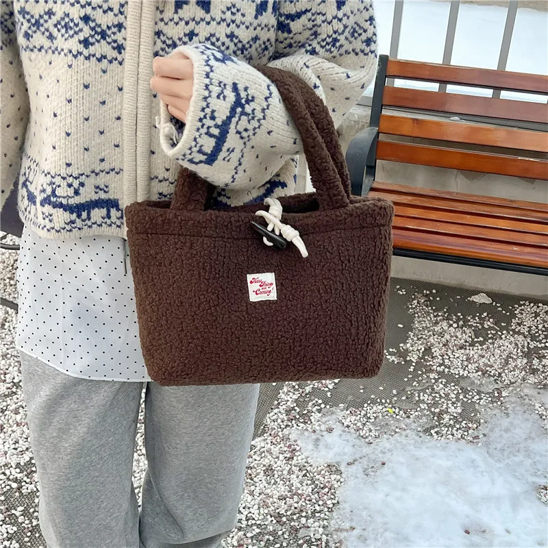 FAMAN Lamb's Wool Fabric Tote Bag Shopping Bag Crossbody Handbag Women's Khaki/White/Coffee-12