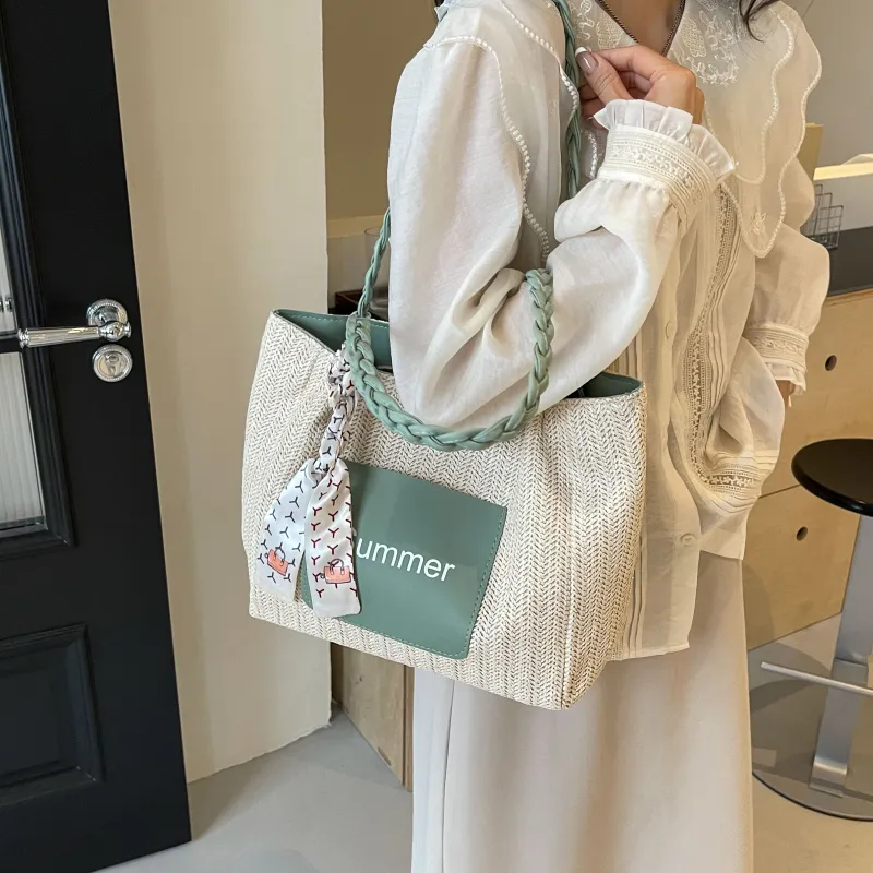 FAMAN Straw Woven Handbag, Shoulder Bag Women's White/Green/Pink/Coffee-6