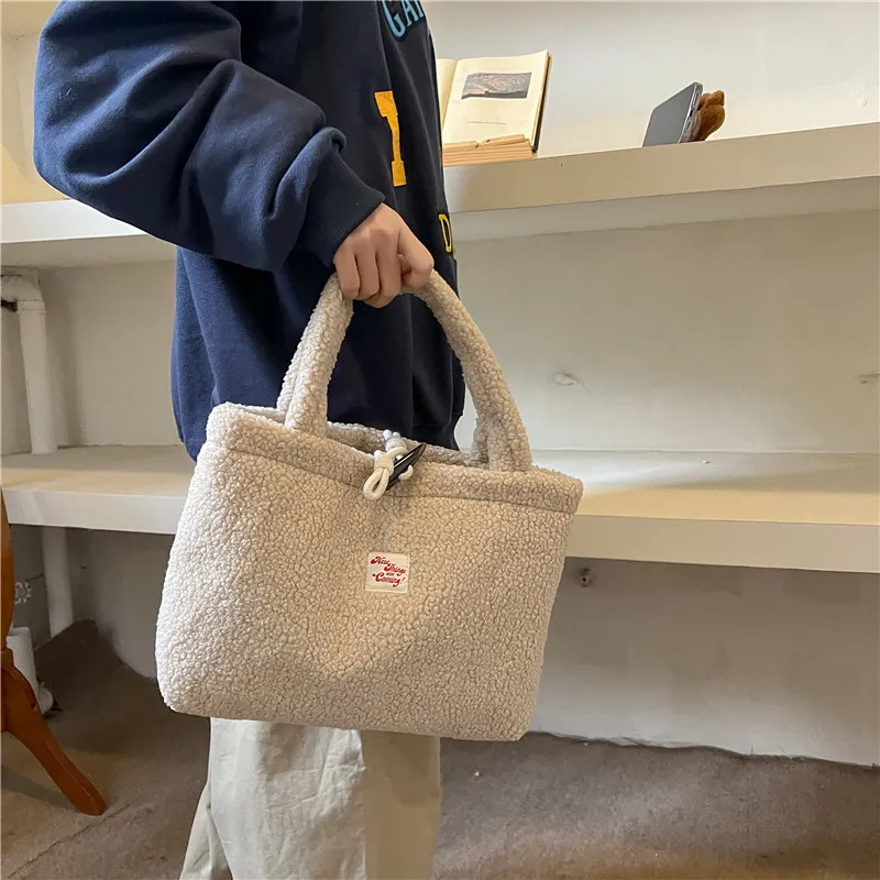 FAMAN Lamb's Wool Fabric Tote Bag Shopping Bag Crossbody Handbag Women's Khaki/White/Coffee-1