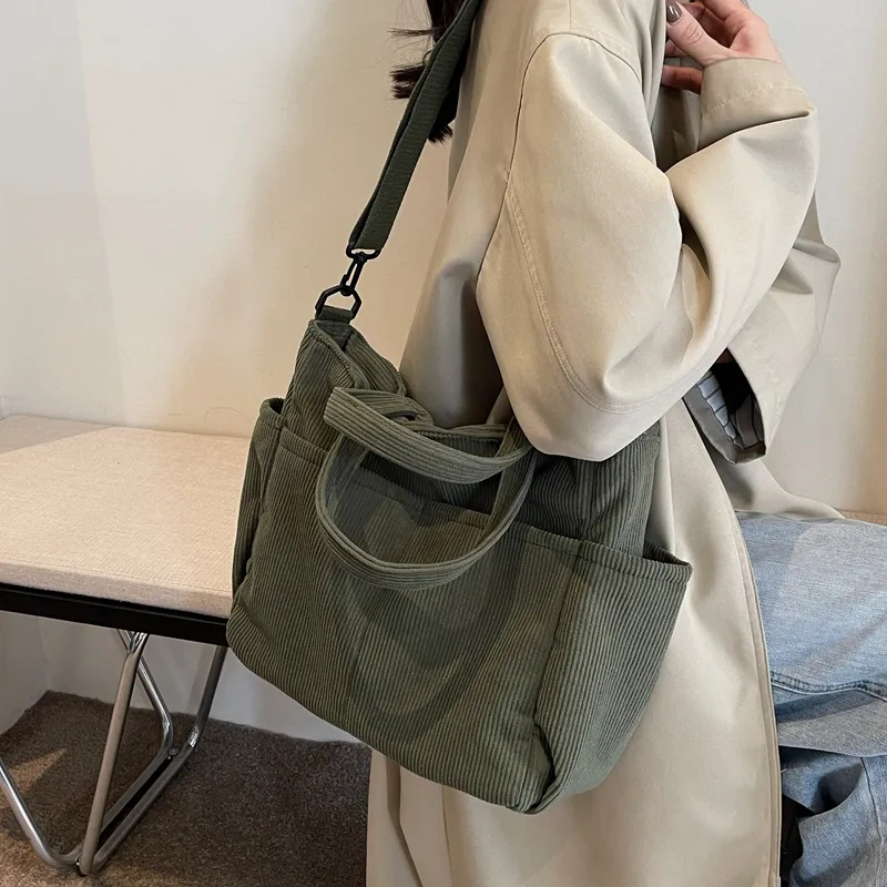 FAMAN Strips Shoulder Bags Handbags Women's Ecru/Black/Khaki/Green-24