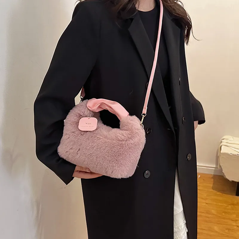 FAMAN Plush Shoulder Bag, Crossbody Bag, Handbag Regular Women's Pink/Black/Coffee/Khaki/Ecru-5