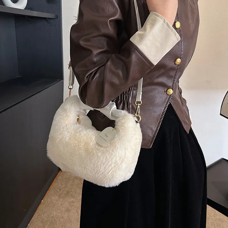 FAMAN Plush Shoulder Bag, Crossbody Bag, Handbag Regular Women's Pink/Black/Coffee/Khaki/Ecru-21