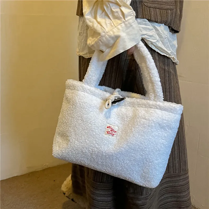 FAMAN Lamb's Wool Fabric Tote Bag Shopping Bag Crossbody Handbag Women's Khaki/White/Coffee-6