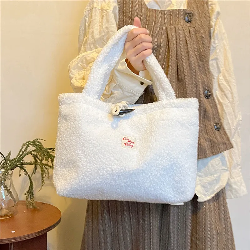 FAMAN Lamb's Wool Fabric Tote Bag Shopping Bag Crossbody Handbag Women's Khaki/White/Coffee-5