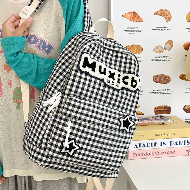 FAMAN Nylon Backpack Regular Women's Red And White Plaid/Black And White Plaid-12