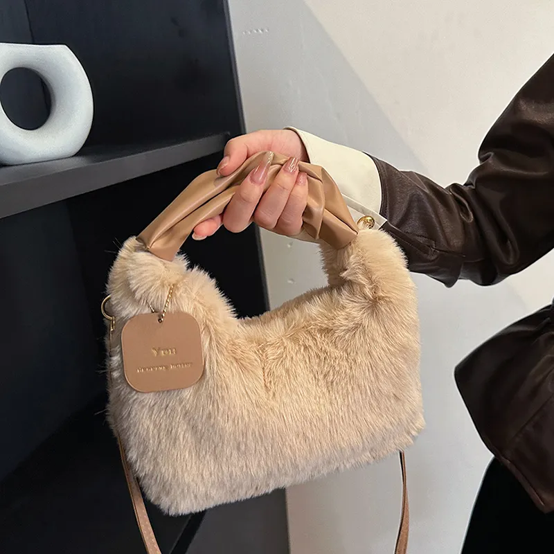 FAMAN Plush Shoulder Bag, Crossbody Bag, Handbag Regular Women's Pink/Black/Coffee/Khaki/Ecru-7