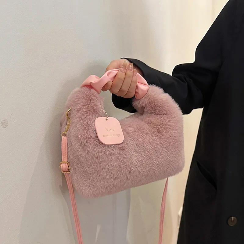FAMAN Plush Shoulder Bag, Crossbody Bag, Handbag Regular Women's Pink/Black/Coffee/Khaki/Ecru-1