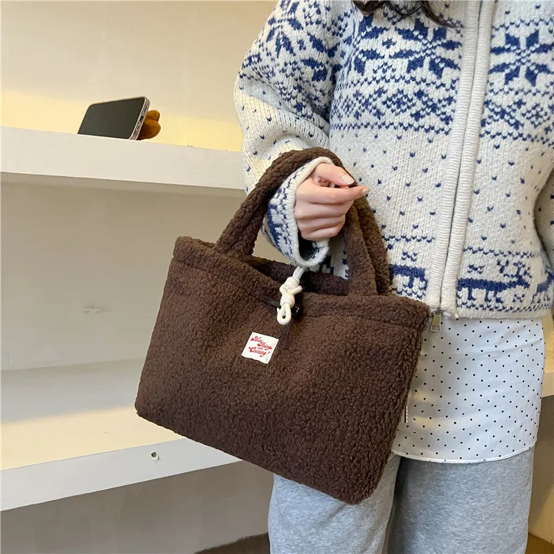 FAMAN Lamb's Wool Fabric Tote Bag Shopping Bag Crossbody Handbag Women's Khaki/White/Coffee-11