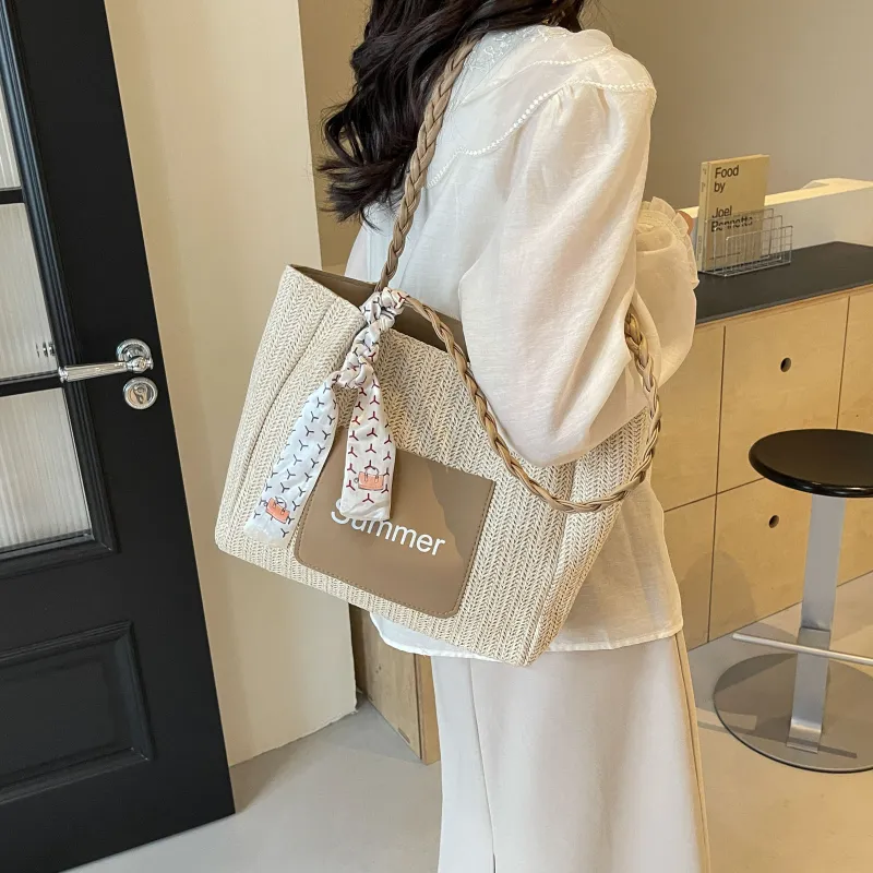 FAMAN Straw Woven Handbag, Shoulder Bag Women's White/Green/Pink/Coffee-19