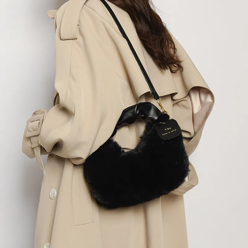 FAMAN Plush Shoulder Bag, Crossbody Bag, Handbag Regular Women's Pink/Black/Coffee/Khaki/Ecru-13