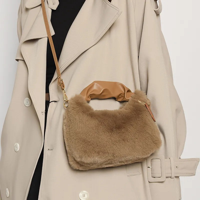 FAMAN Plush Shoulder Bag, Crossbody Bag, Handbag Regular Women's Pink/Black/Coffee/Khaki/Ecru-26