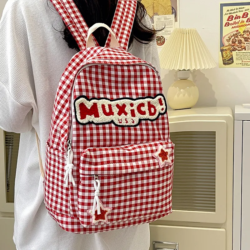 FAMAN Nylon Backpack Regular Women's Red And White Plaid/Black And White Plaid-6