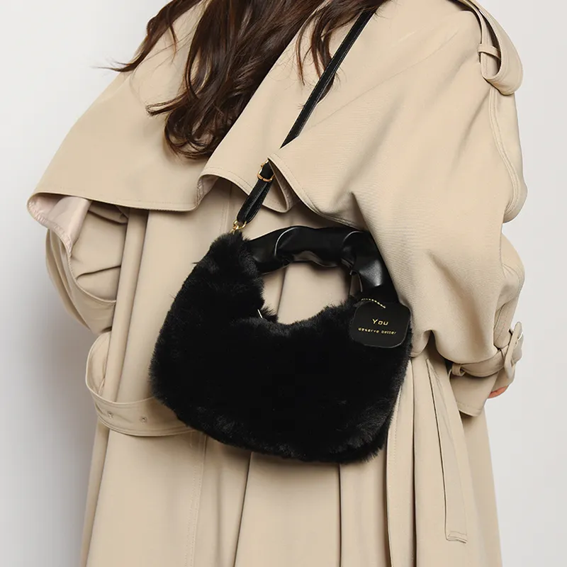 FAMAN Plush Shoulder Bag, Crossbody Bag, Handbag Regular Women's Pink/Black/Coffee/Khaki/Ecru-15